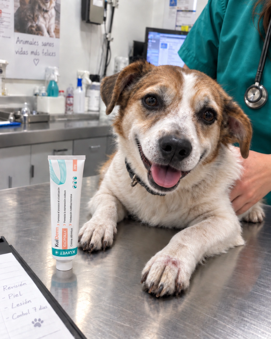 Perro en consulta veterinaria junto a KuiDerm Cicrolix.
