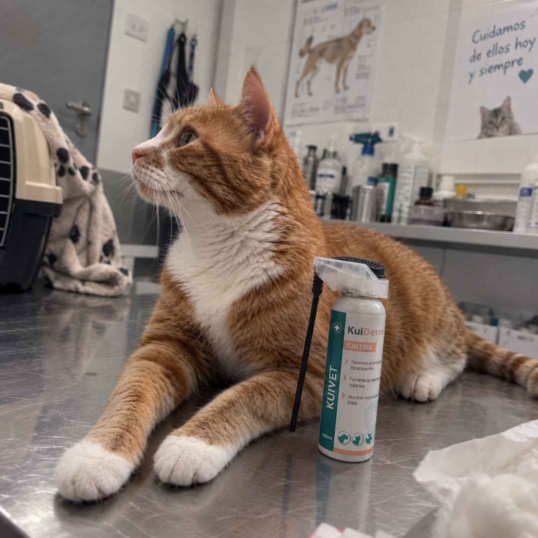 Gato en consulta veterinaria junto a KuiDerm Cintrix.