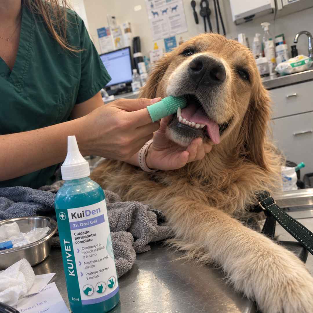 Perro durante una rutina de higiene bucodental con KuiDen Zn Oral Gel.